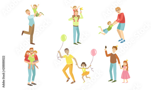 Fathers and Their Kids Having Good Time Together Set, Dads Playing, Walking, Having Fun with Their Children Vector Illustration
