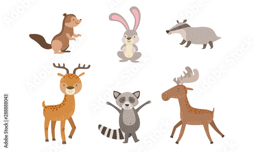 Cute Wild Forest Animals Set, Gopher, Hare, Raccoon, Deer, Elk Badger Vector Illustration © topvectors
