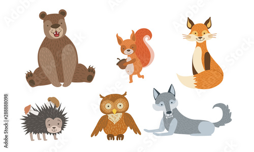 Cute Wild Forest Animals Set, Bear, Squirrel, Fox, Hedgehog, Owl, Wolf Vector Illustration