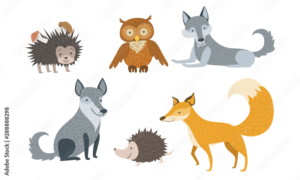 Cute Wild Forest Animals Set, Hedgehog, Owl, Wolf, Fox Vector Illustration