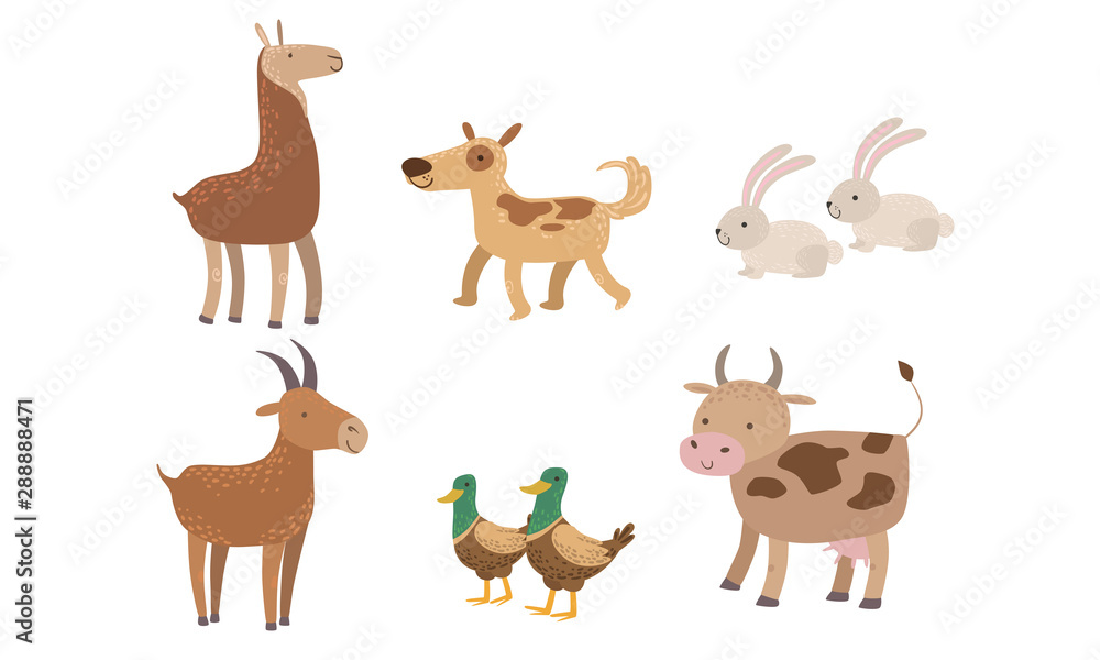 Cute Farm Animals Set, Rabbit, Alpaca, Dog, Goat, Duck, Cow Vector Illustration