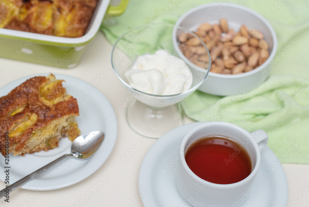 Fig cake, ice cream and a cup of tea Fig cake, ice cream and a cup of tea