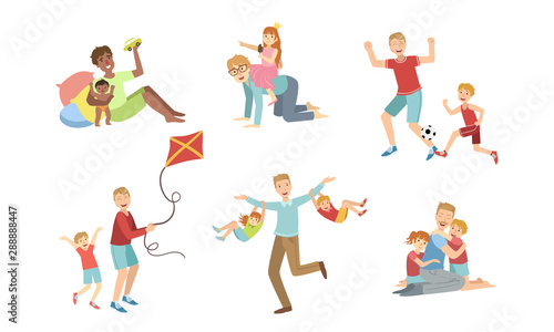 Fathers and Their Kids Having Good Time Together Set, Happy Dads Playing, Doing Sports, Having Fun with Their Children Vector Illustration