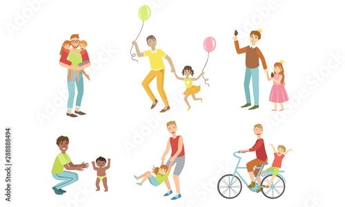 Fathers and Their Kids Having Good Time Together Set  Dads Playing  Riding Bike  Having Fun with Their Children Vector Illustration