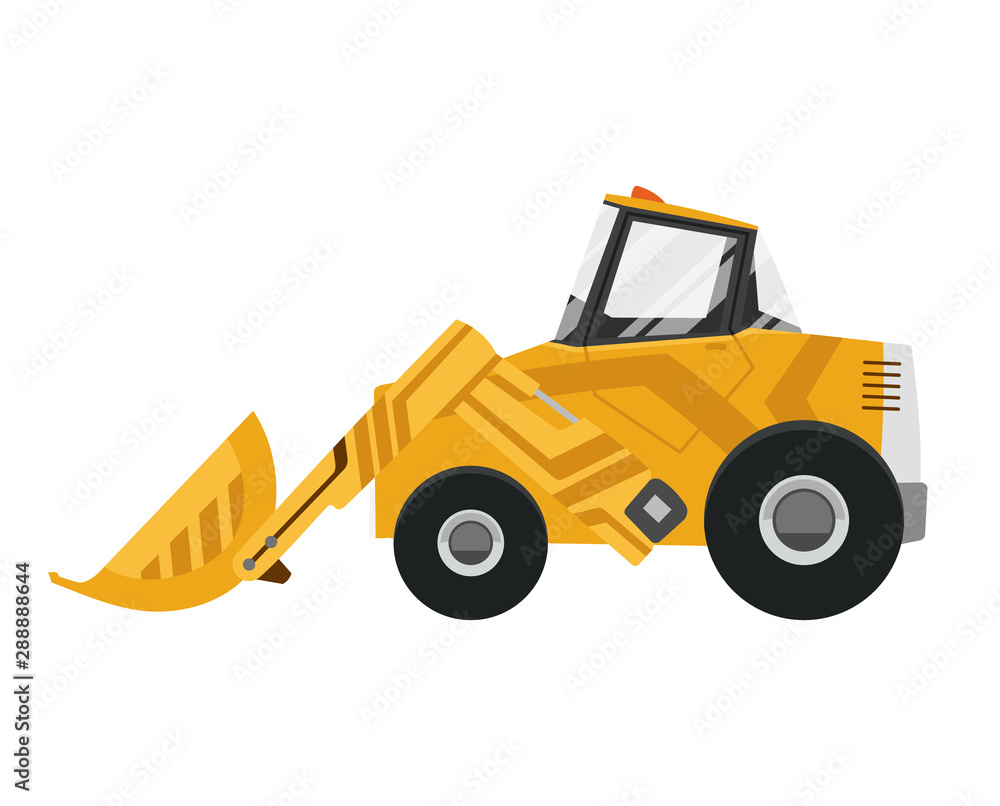 Bulldozer quarry machine. Stone wheel yellow digger. Backhoe front loader truck. Work tractor excavator. Vector illustration.