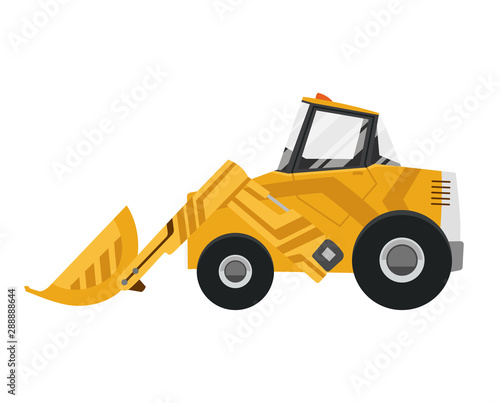 Bulldozer quarry machine. Stone wheel yellow digger. Backhoe front loader truck. Work tractor excavator. Vector illustration.