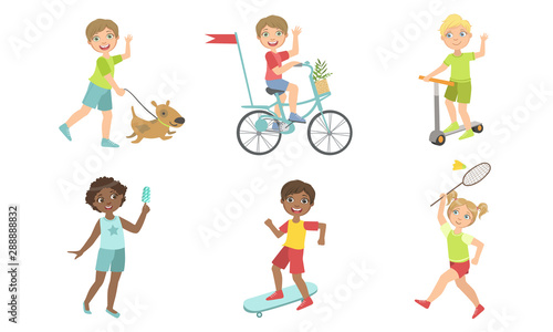 Kids Summer Outdoor Activities Set, Cute Boys and Girls Walking with Dog, Eating Ice Cream, Doing Sports Vector Illustration