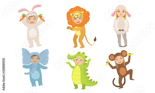 Fototapeta Naklejka Na Ścianę i Meble -  Cute Happy Kids Dressed Animal Costumes Set, Elephant, Crocodile, Monkey, Rabbit, Bunny, Lion, Sheep Vector Illustration