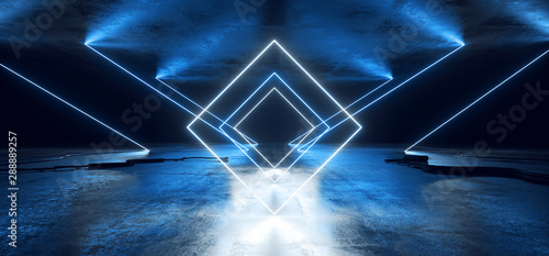 Sci Fi Neon Glowing Lights Blue Triangle Lines Cables Plugs Floor Lasers Studio Stage Show Night Retro Futuristic Modern Background Empty Concrete Grunge Virtual Dark 3D Rendering