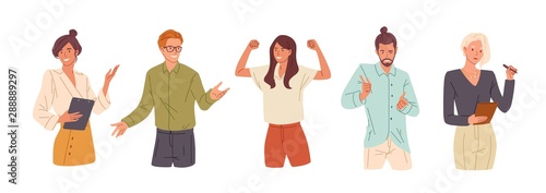 Confident people flat vector illustrations set. Presentation woman, college student and successful businesswoman. Girl celebrating victory, flirting man. Office workers, young team cartoon characters.
