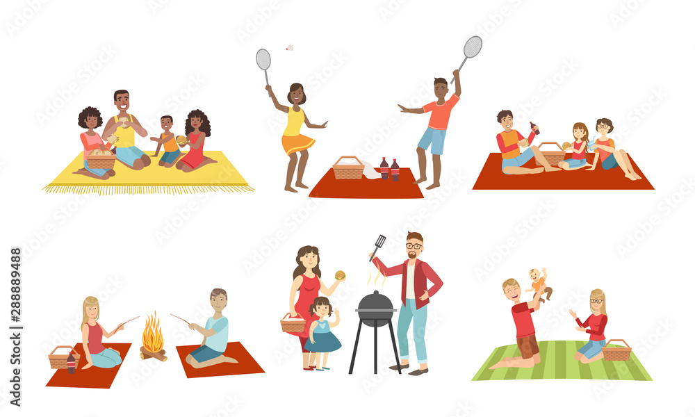 Φωτογραφία Families Having Picnic In Park Set, People Eating and Relaxing, Cheerful Family