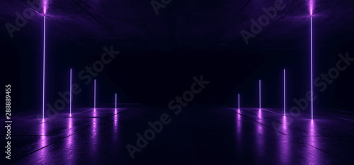 Sci Fi Neon Glowing Lights Violet Vertical Laser Lines Cables Plugs Floor Lasers Studio Stage Show Night Retro Futuristic Modern Background Empty Concrete Grunge Virtual Dark 3D Rendering © IM_VISUALS