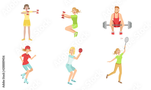 People Doing Different Kinds of Sports Set, Sportive Men and Women Exercising with Dumbbells and Barbell, Playing Table Tennis and Badminton Vector Illustration