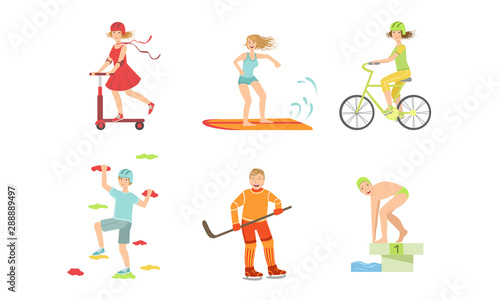 People Doing Different Kinds of Sports Set, Surfboarder, Cyclist, Climber, Hockey Player, Swimmer, Girl Riding Kick Scooter Vector Illustration