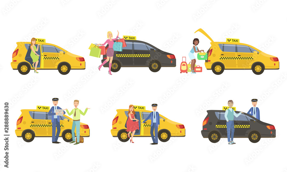 Taxi Service Set, Taxi Driver in Yellow Car and Passengers, Customers Catching Auto Vector Illustration Taxi Service Set, Taxi Driver in Yellow Car and Passengers, Customers Catching Auto Vector Illustration