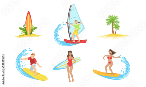 Summertime Sports Activities and Hobbies Set, Girl Relaxing on Summer Vacation, Yachting and Surfing Vector Illustration