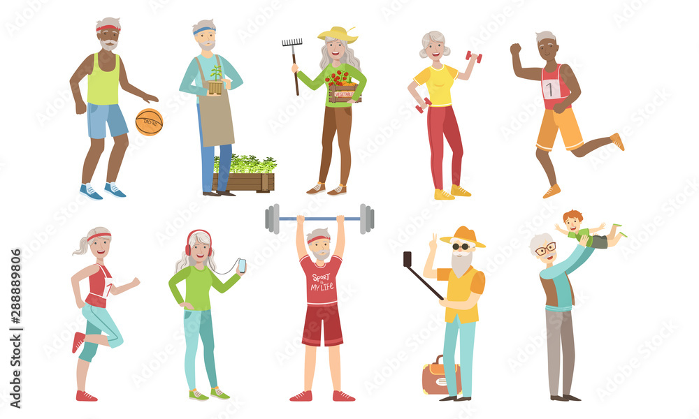 Senior People Different Activities and Hobbies Set, Healthy and Active Lifestyle of Cheerful Elderly Men and Woman Vector Illustration