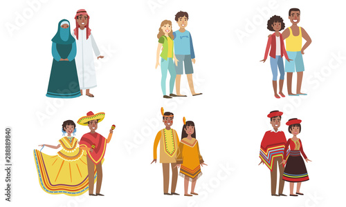 Men and Women Dressed Folk Costumes of Various Countries Set, Peru, Ameican Indian, USA, Mexico, UAE Vector Illustration