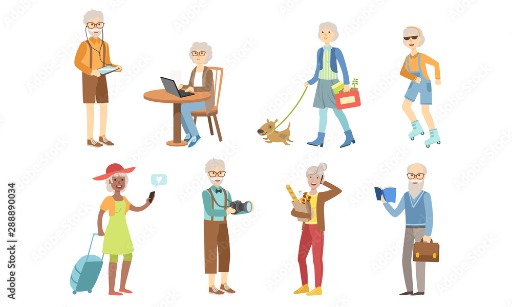 Senior People Different Activities and Hobbies Set, Healthy and Active Lifestyle of Elderly Men and Woman Vector Illustration