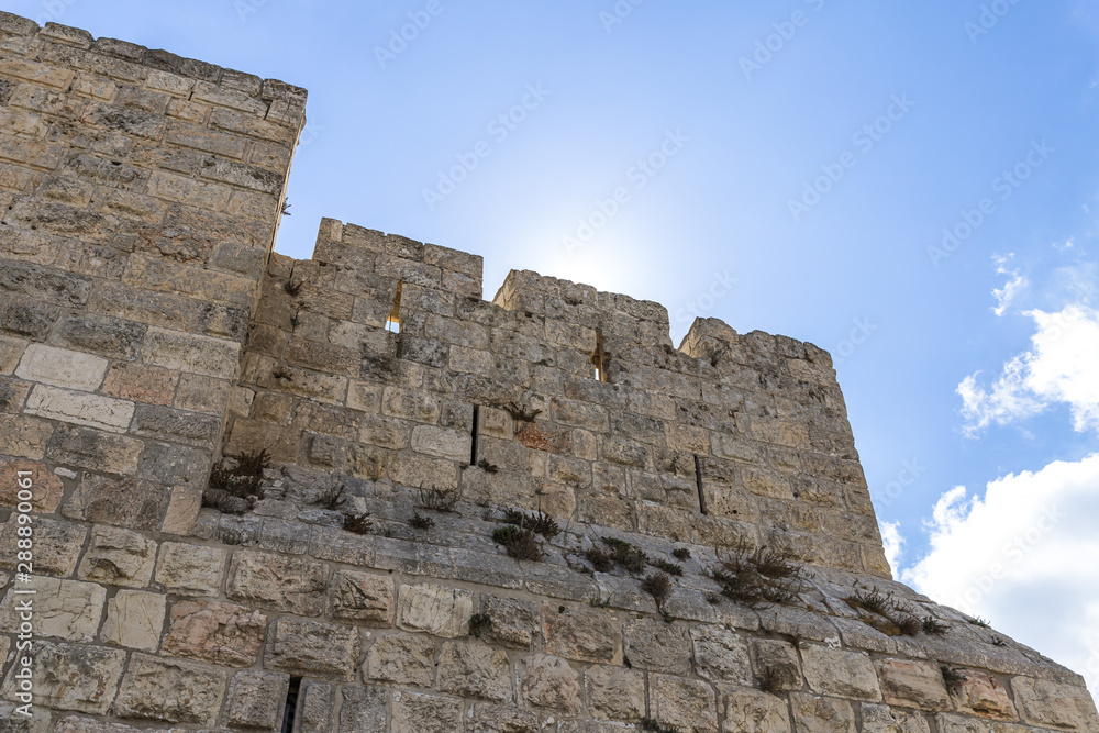 The city wall near the Jaffa Gate in old city of Jerusalem, Israel