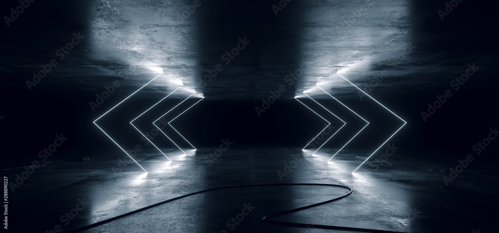 Sci Fi Neon Glowing Lights Blue Shaped Lines Cables Plugs Floor Lasers Studio Stage Show Night Retro Futuristic Modern Background Empty Concrete Grunge Virtual Dark 3D Rendering