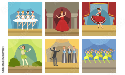 Actors Performing on Stage Set, Music Concert with Opera Singers and Ballet Dancers, Theatrical Stage Interior Vector Illustration