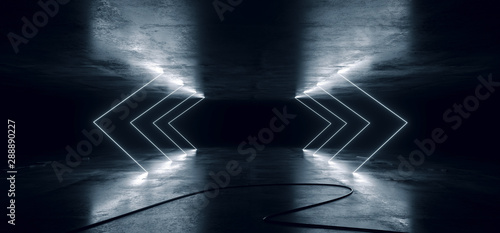Sci Fi Neon Glowing Lights Blue Shaped Lines Cables Plugs Floor Lasers Studio Stage Show Night Retro Futuristic Modern Background Empty Concrete Grunge Virtual Dark 3D Rendering © IM_VISUALS