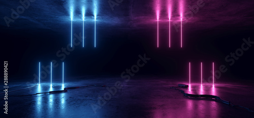 Sci Fi Neon Glowing Lights Blue Purple Shaped Lines Cables Plugs Floor Lasers Studio Stage Show Night Retro Futuristic Modern Background Empty Concrete Grunge Virtual Dark 3D Rendering