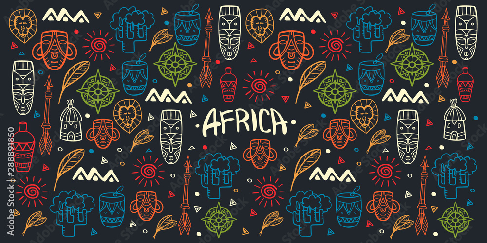 Hand draw doodles of Africa word. Colorful illustration. Background with lots of objects. - obrazy, fototapety, plakaty 