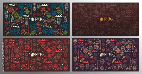 Set of Hand draw doodles banners of Africa word. Colorful illustration. Background with lots of objects.