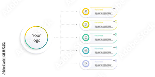 Business process chart infographics with 5 step options. Square corporate workflow graphic elements. Company flowchart presentation slide template. Vector info graphic design.