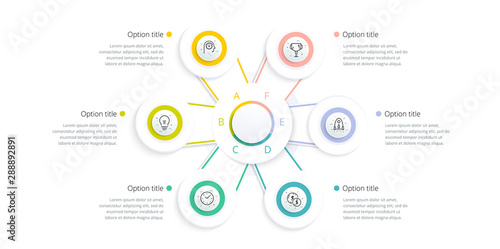 Business process chart infographics with 6 step options. Square corporate workflow graphic elements. Company flowchart presentation slide template. Vector info graphic design.