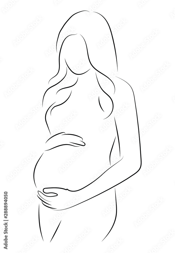 Contour of nude pregnant woman. Outlines of the body of a pregnant girl