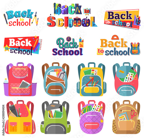 Colored school backpack. Education and study back to school, schoolbag luggage, rucksack vector illustration. Kids school bag with education equipment. Backpacks with study supplies. Student satchels