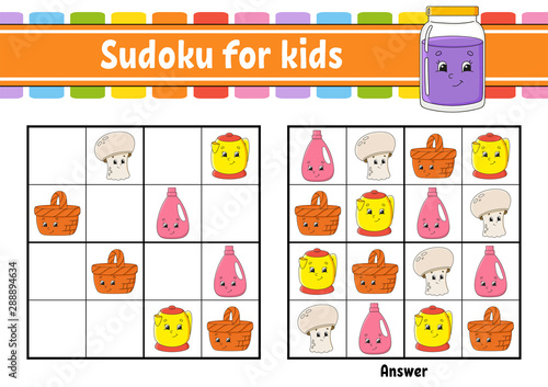 Sudoku for kids. Education developing worksheet. Activity page with pictures. Puzzle game for children. Logical thinking training. Isolated vector illustration. Funny character. Cartoon style.