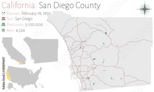 Large and detailed map of San Diego county in California, USA