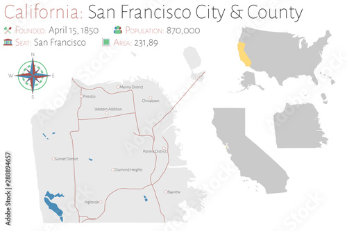 Large and detailed map of San Francisco city and county in California, USA