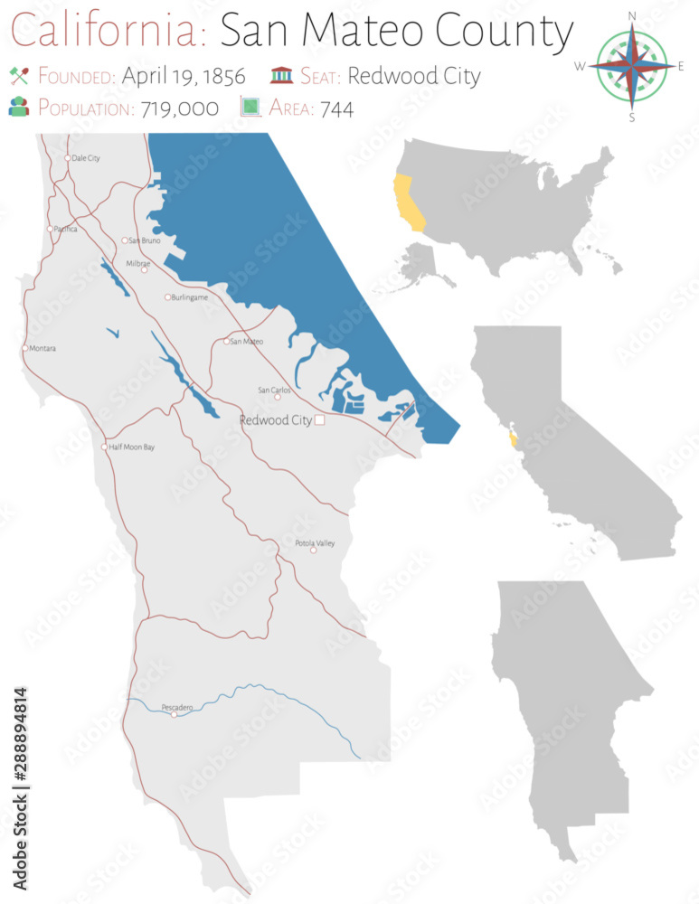 Large and detailed map of San Mateo county in California, USA