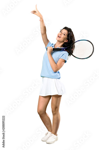 A full-length shot of a Young tennis player woman pointing up a great idea over isolated white background