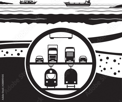 Multifunctional railway and highway tunnel under sea - vector illustration