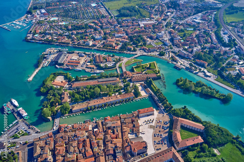 Beautiful view of the city of Peschiera del Garda, Italy. Aerial photography with drone.