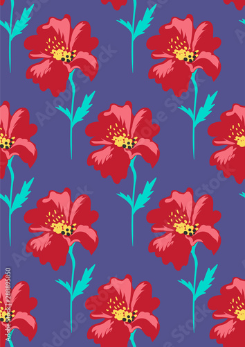 seamless pattern with red flowers on a blue background