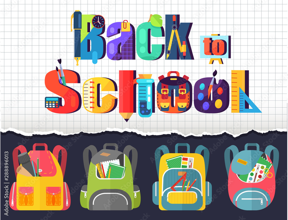 Colored school backpack. Education and study back to school, schoolbag luggage, rucksack vector illustration. Kids school bag with education equipment. Backpacks with study supplies. Student satchels Colored school backpack. Education and study back to school, schoolbag luggage, rucksack vector illustration. Kids school bag with education equipment. Backpacks with study supplies. Student satchels