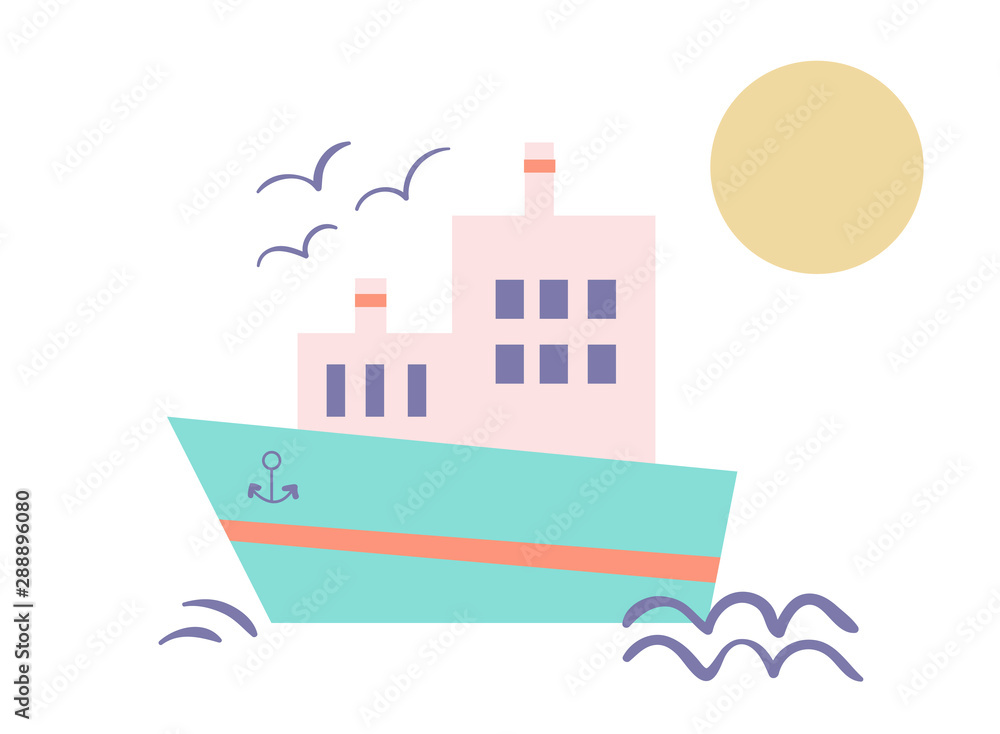 minimalistic ship with waves, seagulls and sun isolated