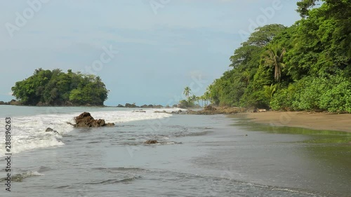Sandy beach of the Pacific Ocean with palm trees at high tide photo