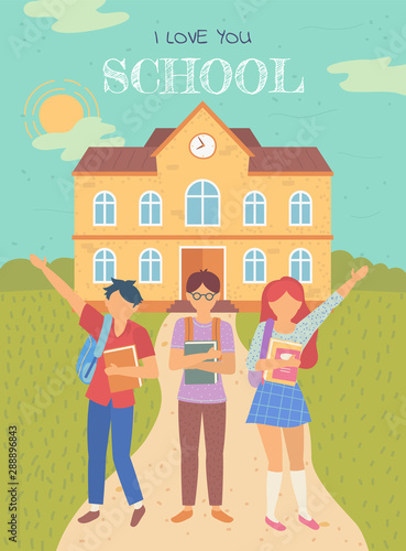 Black to school in autumn classmates outdoors vector. Schoolboy and schoolgirl waving, path to educational institution. Building with clock on top, teenagers. Back to school concept. Flat cartoon