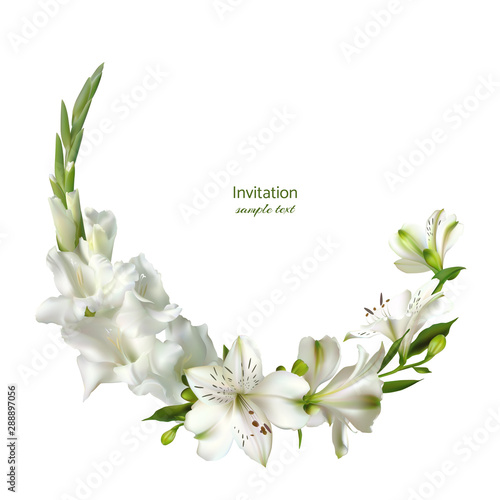 White flowers. Gladiolus. Floral background. Lilies. Green leaves.