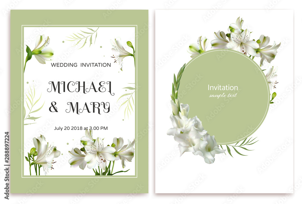 White flowers. Gladiolus. Wedding invitation. Floral background. Lilies. Green leaves.