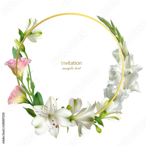 White flowers. Gladiolus. Floral background. Eustoma. Lilies. Green leaves.