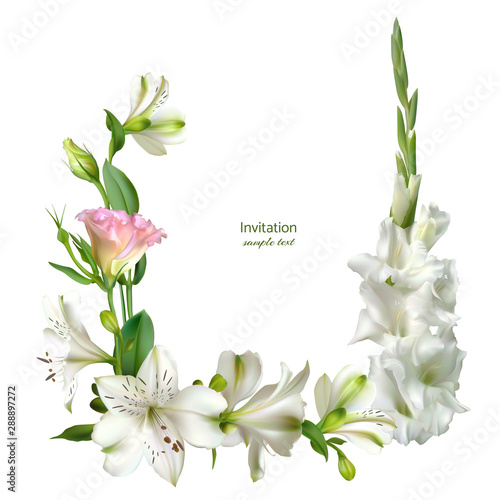 White flowers. Gladiolus. Floral background. Eustoma. Lilies. Green leaves.